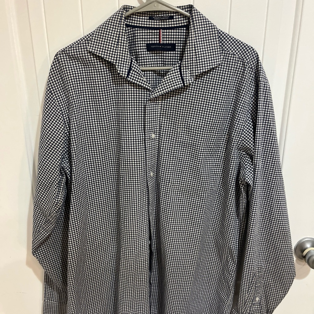 Men's Navy/White Checkered Tommy Hilfiger Regular Fit Stretch Shirt Size L EUC